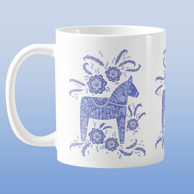 Svenska Dala Horses Periwinkle Blue and White Kaffemugg (Swedish Dala horse blue and white folk art coffee mug)
