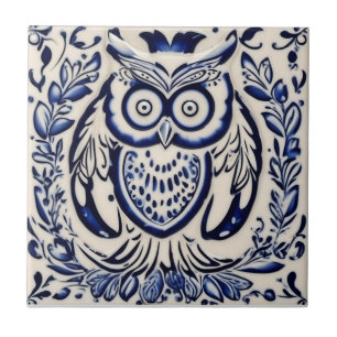 Svenska Dala uggla Blue och White Nouveau Kakelplatta