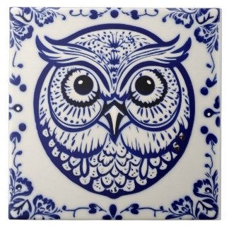 Svenska Dala uggla Blue och White Nouveau Kakelplatta
