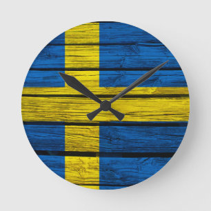 Svenska Flagga Rustic Wood Rund Klocka