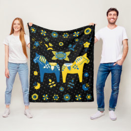 Svenska Folkdala Horse l Blue and Gult Fleecefilt