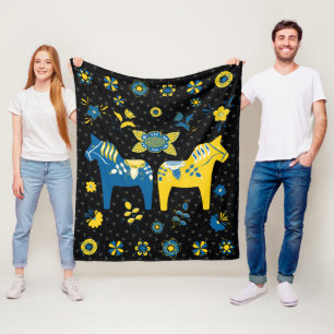 Svenska Folkdala Horse l Blue and Gult Fleecefilt