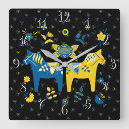 Svenska Folkdala Horse l Blue and Gult Fyrkantig Klocka
