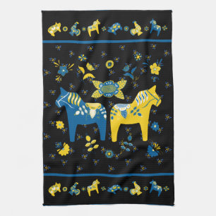 Svenska Folkdala Horse l Blue and Gult Kökshandduk