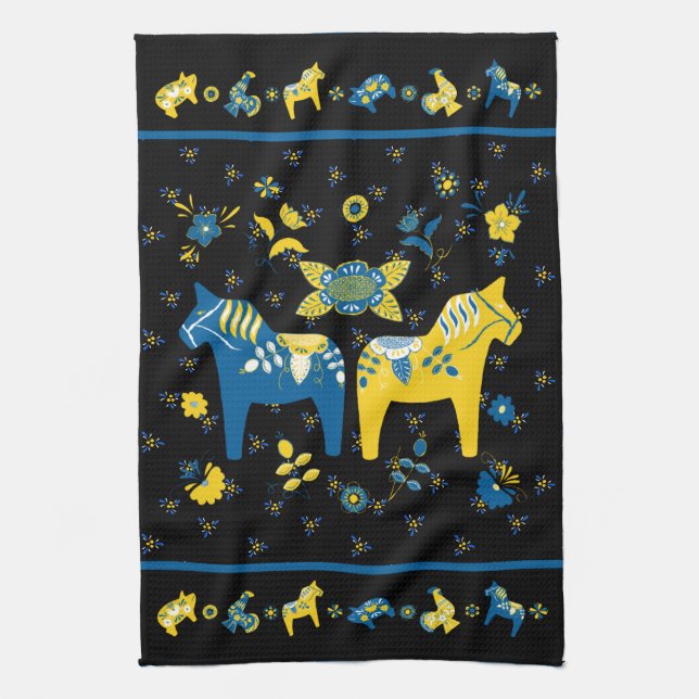 Svenska Folkdala Horse l Blue and Gult Kökshandduk (Vertikal)