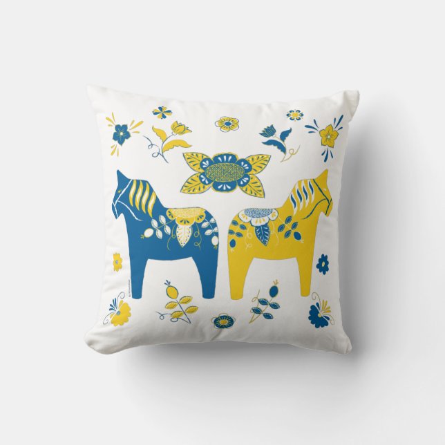 Svenska Folkdala Horse l Blue and Gult Kudde (Framsida)