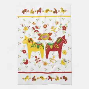 Svenska Folkdala Horse l Red and Gult Kökshandduk