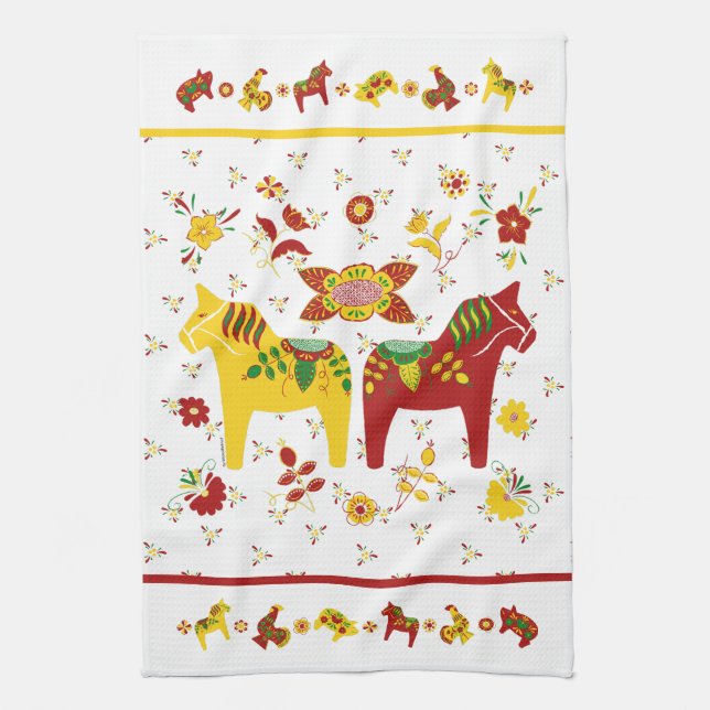 Svenska Folkdala Horse l Red and Gult Kökshandduk (Vertikal)