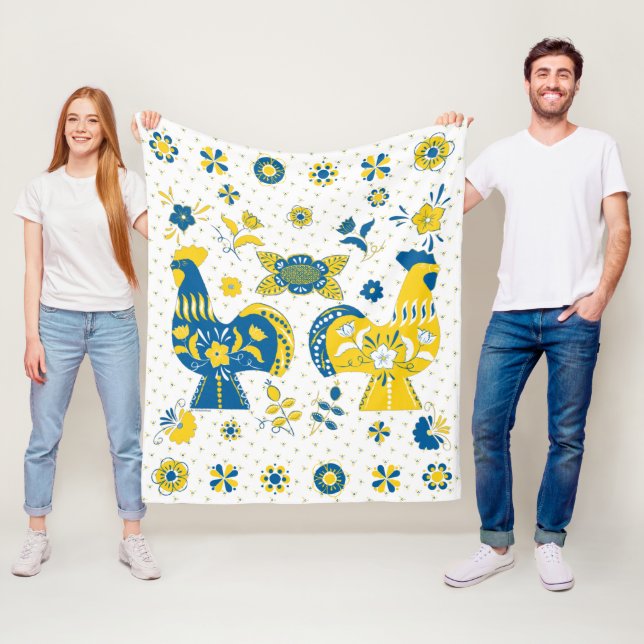 Svenska folkdala Tupp l Blue och Gult Fleecefilt (På plats)