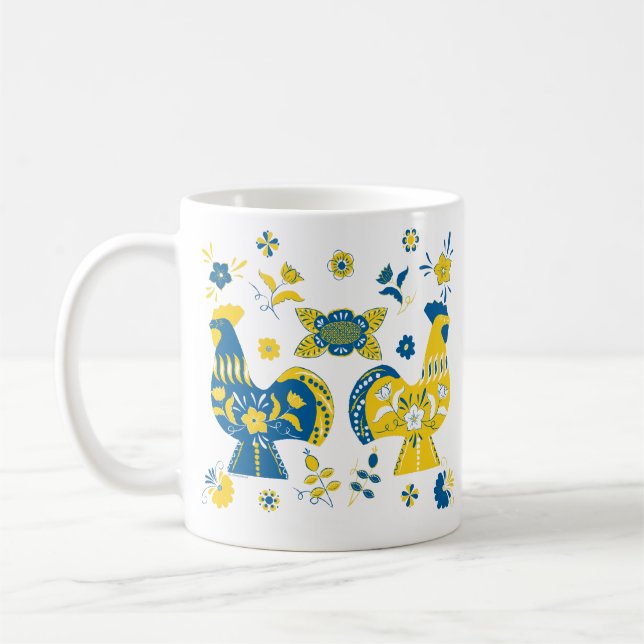 Svenska folkdala Tupp l Blue och Gult Kaffemugg (Vänster)