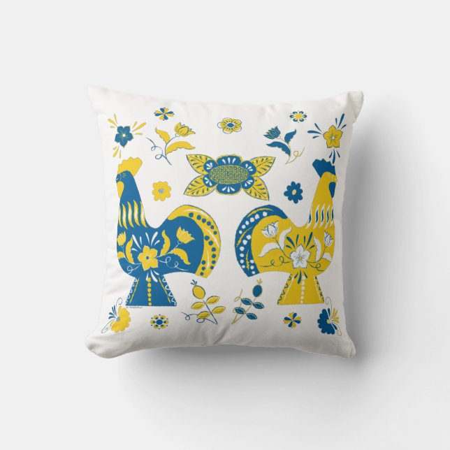 Svenska folkdala Tupp l Blue och Gult Kudde (Framsida)