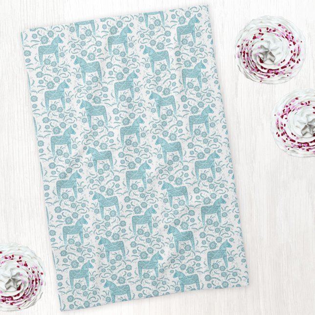 Svenska Grönten Dala Horse Folk Art Teal Kökshandduk (Swedish Dala horse teal green and white art kitchen tea towel)