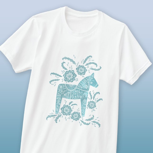 Svenska Grönten Dala Horse Teal T Shirt (Swedish Dala Horse teal and white folk art T-shirt)