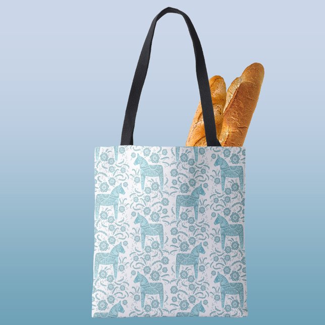Svenska Grönten Dala Horse Traditional Folk Art Te Tygkasse (Swedish Dala Horse folk art teal green and white pattern tote bag)