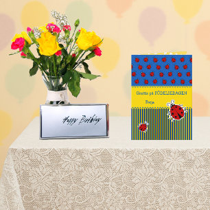 Svenska ladybug blue gult add namn födelsedagskort kort