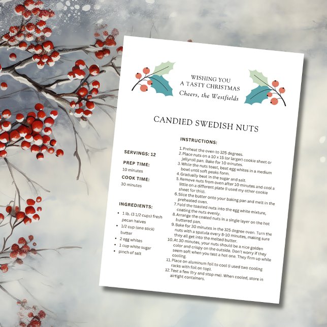 Svenska Nöt-julkort Julkort (Wishing You a Tasty Christmas Holly and Red Berries Candied Swedish Nuts Recipe Card 4.5 x 6.25)