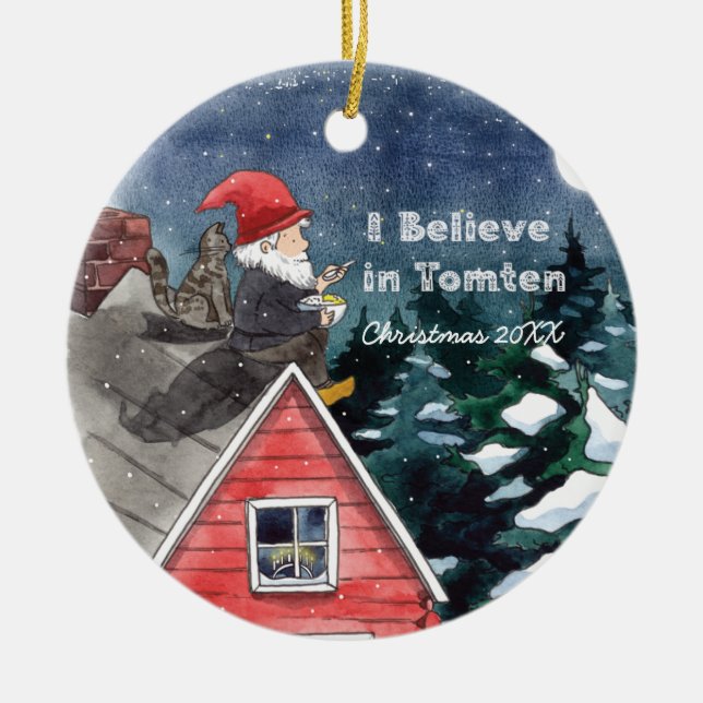 Svenska Tomten Gnome Vatten Färg Julgransprydnad Keramik (Framsidan)