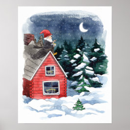 Svenska Tomten Julporten Watercolor Poster