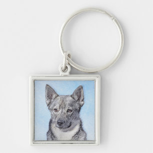 Svenska Vallhund Painting - Cute Original Hund Art Fyrkantig Silverfärgad Nyckelring