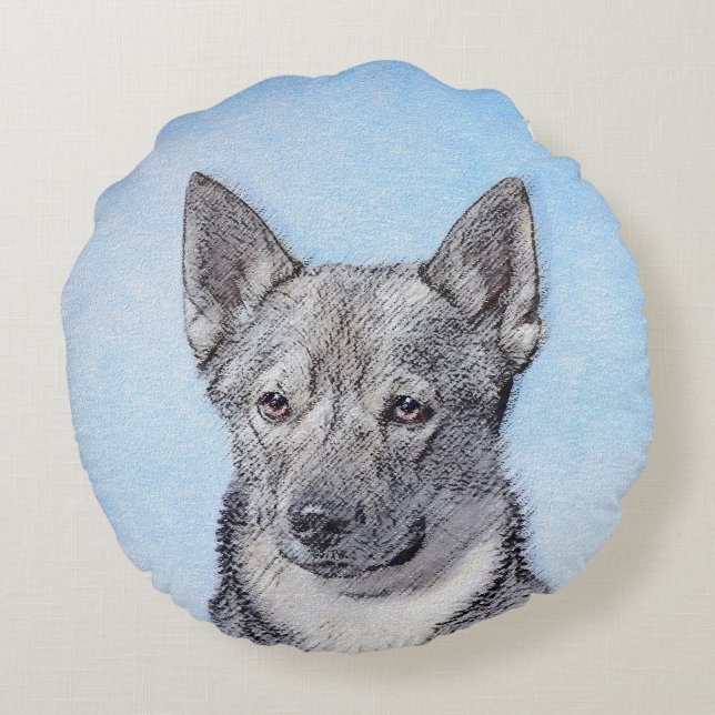Svenska Vallhund Painting - Cute Original Hund Art Rund Kudde (Baksidan)