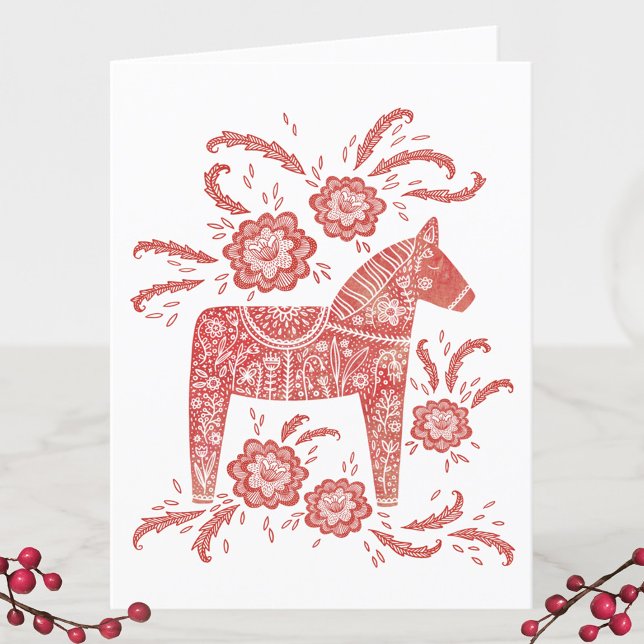 Svenskt Dalahäst Julkort Helgkort (Swedish Dala Horse personalized red and white holiday card)