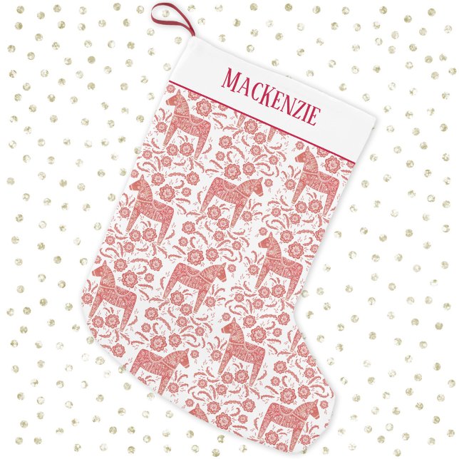 Svenskt namn för Dala Horse Folk Art Mönster Liten Julstrumpa (Festive Swedish Dala Horse red and white Scandinavian folk art personalized name Christmas stocking)