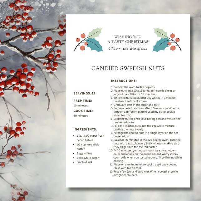 Svenskt nötter recept julkort (Wishing You a Tasty Christmas Holly and Red Berries Candied Swedish Nuts Recipe Card)
