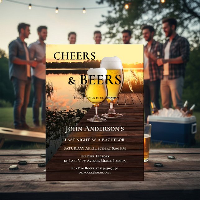 Svenskt Sällskap Spenalörsinbjudan Inbjudningar (Bachelor party invitation featuring a sunset at a lake with two beer glasses at a jetty.)