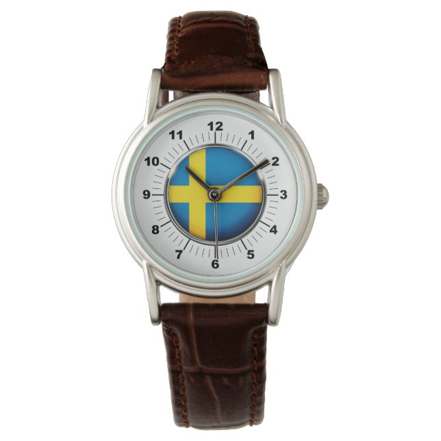 Sverige Flagga Classic Brown Leather Watch Armbandsur (Framsida)