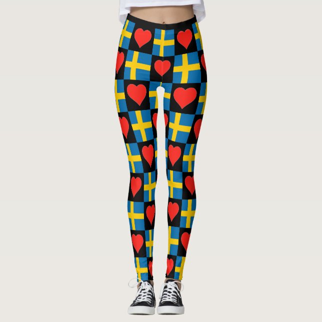Sverige Flagga Heart Mönster Cute Patriotic Swedis Leggings (Framsida)