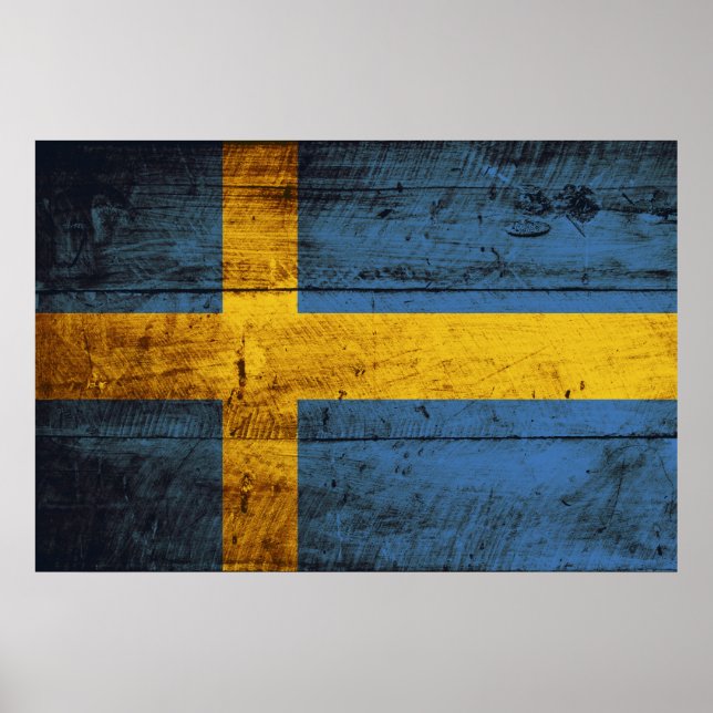 Sverige Flagga på gammal trägrain Poster (Framsidan)
