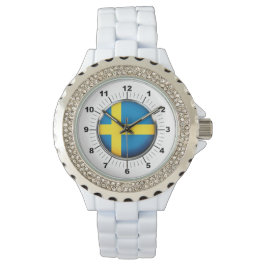 Sverige Flagga Rhinestone White Enamel Watch Armbandsur