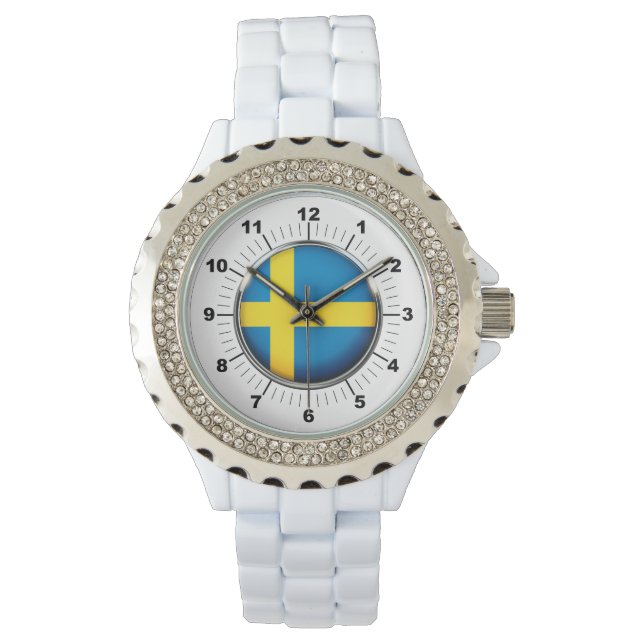 Sverige Flagga Rhinestone White Enamel Watch Armbandsur (Framsida)