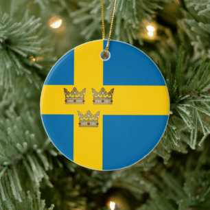 Sverige flagga/ tre Kronor tillagt Julgransprydnad Keramik