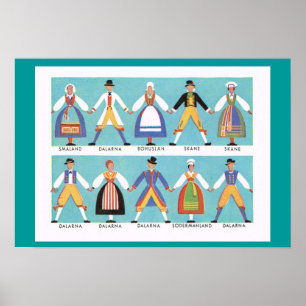 Sverige för vintage, traditionella regionala kosty poster