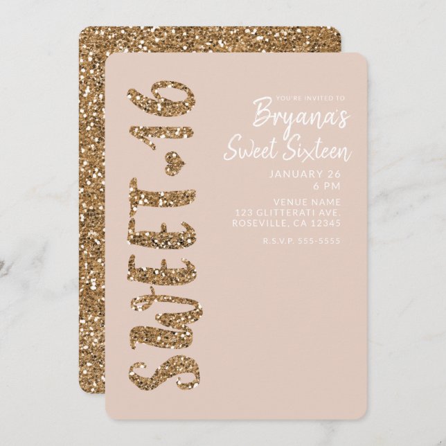  Sverige glitter 16 Sexton Party Guld Inbjudningar (Fram/baksida)