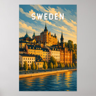 Sverige Illustration Resa Konst Vintage Poster