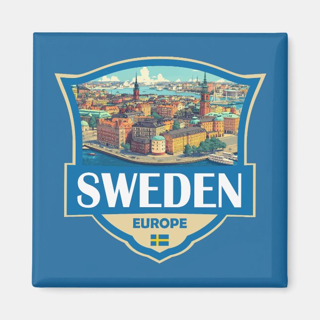 Sverige Illustration Retro Badge Magnet (Framsidan)