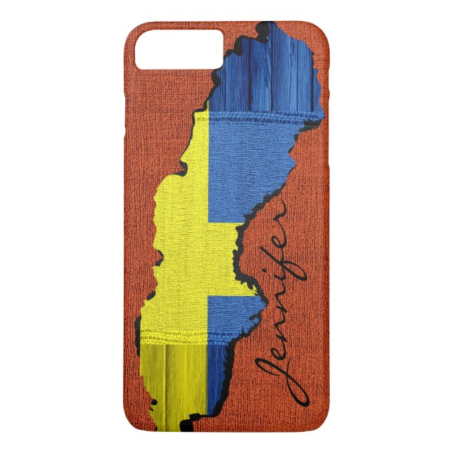 Sverige Karta Flagga Burlap Wood-utseende Case-Mate iPhone Skal (Baksida)