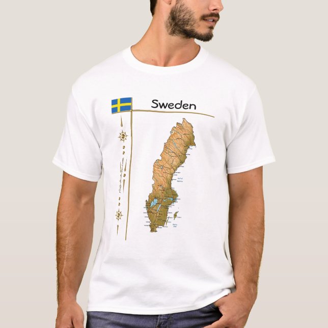 Sverige Karta + Flagga + Rubrik T-skift T Shirt (Framsida)