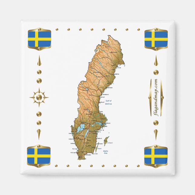 Sverige Karta + Flaggor Magnet (Framsidan)
