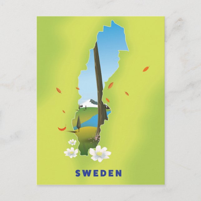 Sverige karta illustrerade reseaffischen. vykort (Framsida)