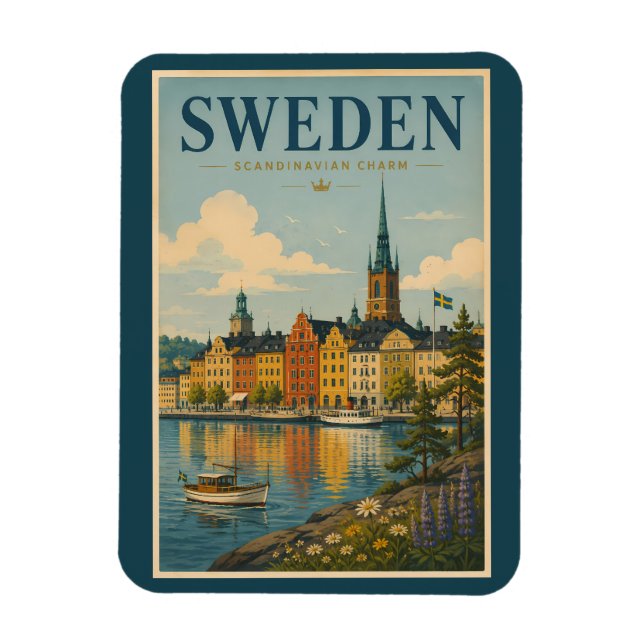 Sverige Landskapsillustration Resa Konst Vintage Magnet (Vertikal)