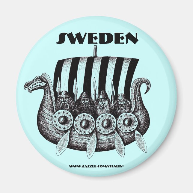 Sverige magnet med vikingar i drekar bläck art (Framsidan)
