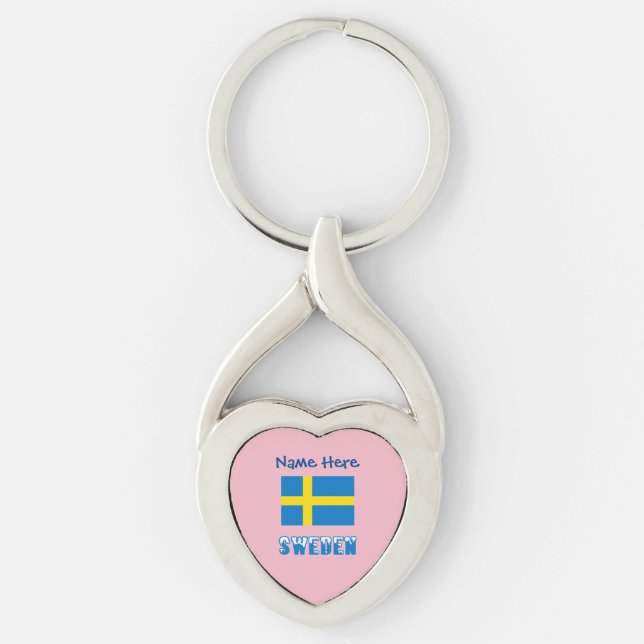 Sverige och svensk Flagga Twisted Heart Silverfärgad Nyckelring (Framsidan)
