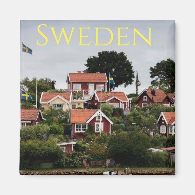 Sverige Red Houses Souvenir Magnet (Framsidan)