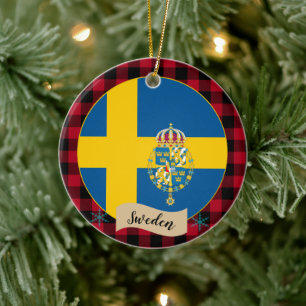 Sverige, rödbuffel plaid och svensk Flagga Julgransprydnad Keramik