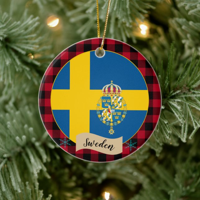 Sverige, rödbuffel plaid och svensk Flagga Julgransprydnad Keramik (Träd)