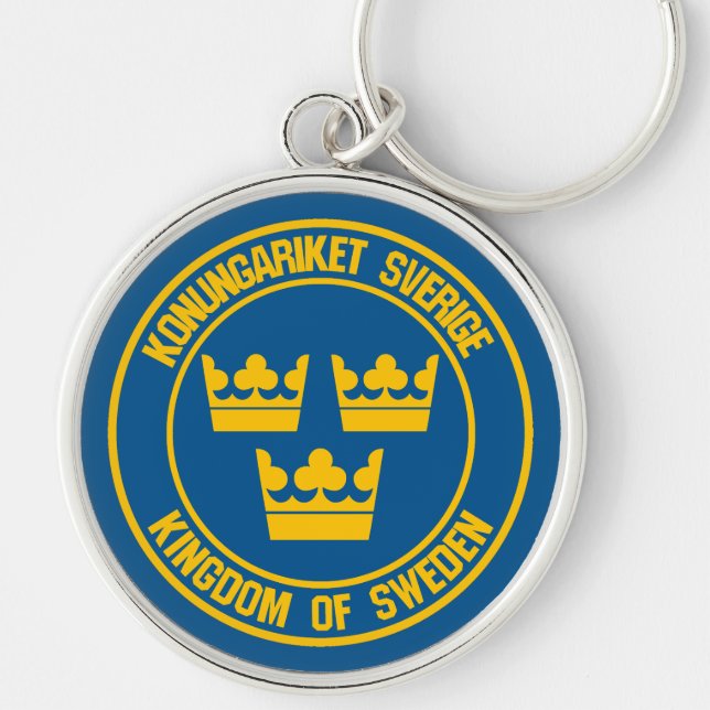 Sverige Round Emblem Rund Silverfärgad Nyckelring (Framsidan)