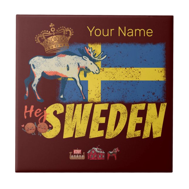 Sverige Vintage Flagga Retro Älg Semester Souvenir Kakelplatta (Framsidan)